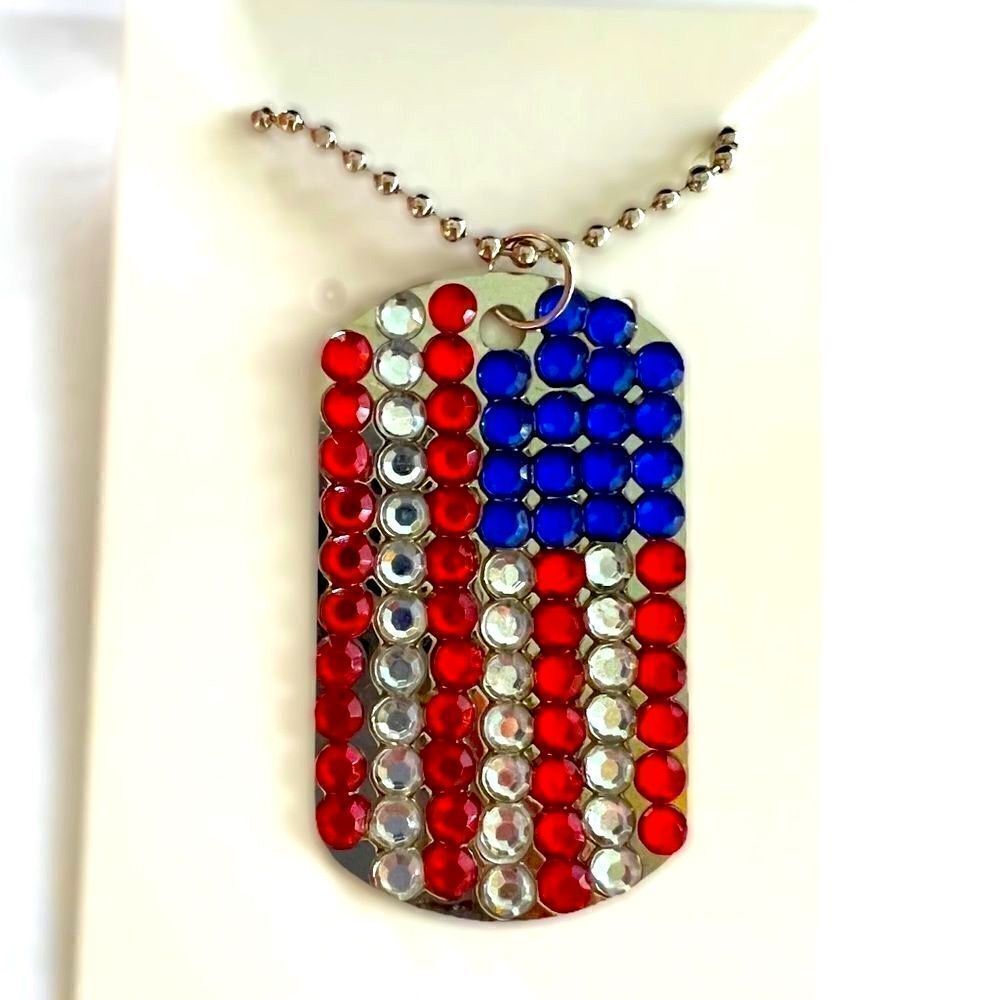 American Flag Rhinestone Necklace “Dog Tags”